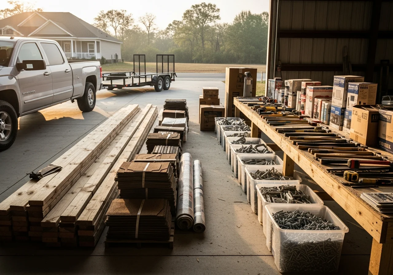 Construction crew and tools ready for residential remodeling work on a job site.