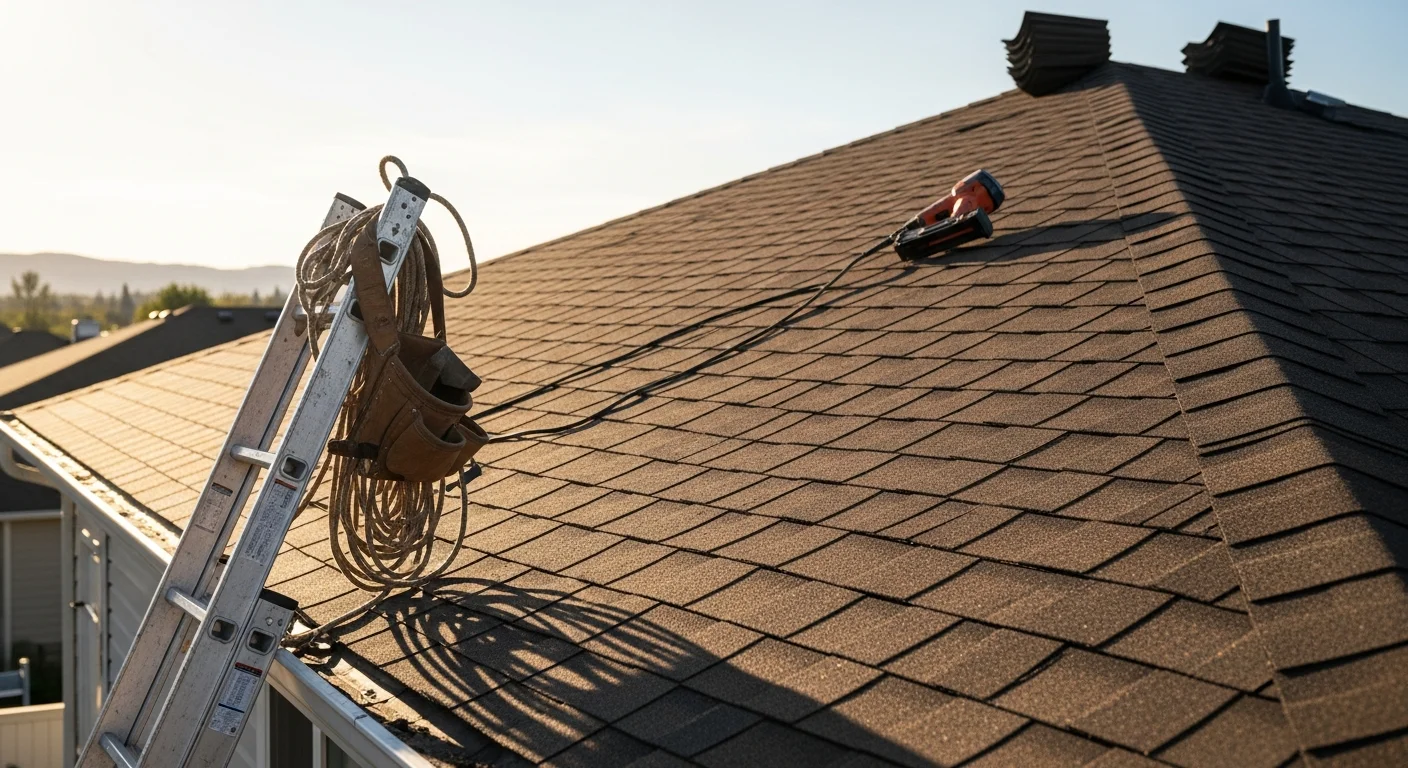 Professional roofer installing asphalt shingles on residential home roof