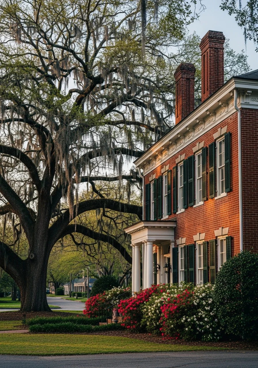 Detail of a Thomasville historic home's exterior with period features and mature landscaping.