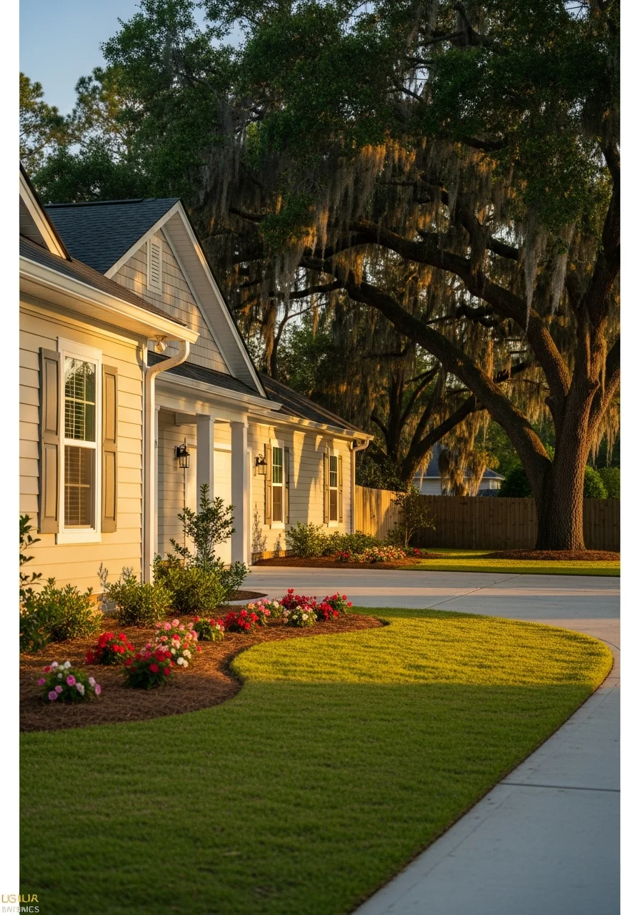 Close-up of a well-maintained Valdosta home exterior with landscaping and clear property lines.
