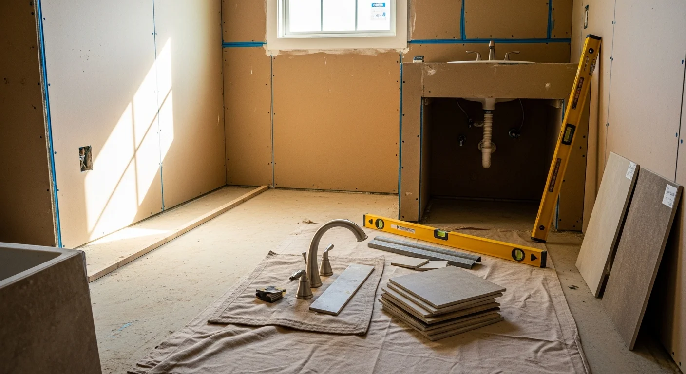 A remodeled bathroom in a Valdosta, GA home featuring a walk-in shower with waterproof wall panels, updated vanity, and new tile flooring. The finished space reflects moisture-resistant materials suited to South Georgia's humid climate.