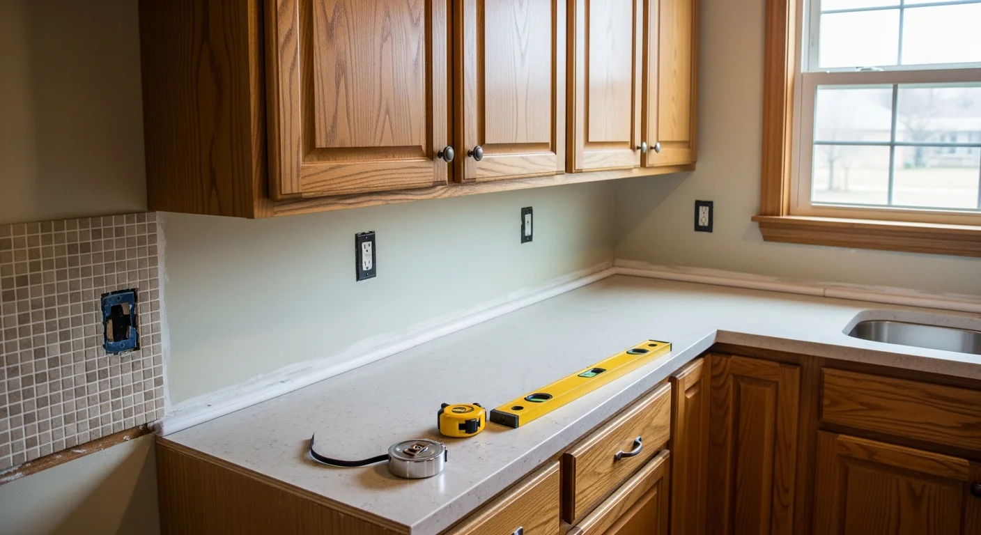 Newly installed white shaker kitchen cabinets in a single-family home in Valdosta, GA, with cabinet doors aligned and hardware set. Upper and lower cabinet runs shown against a freshly painted wall in a mid-century ranch-style kitchen layout.