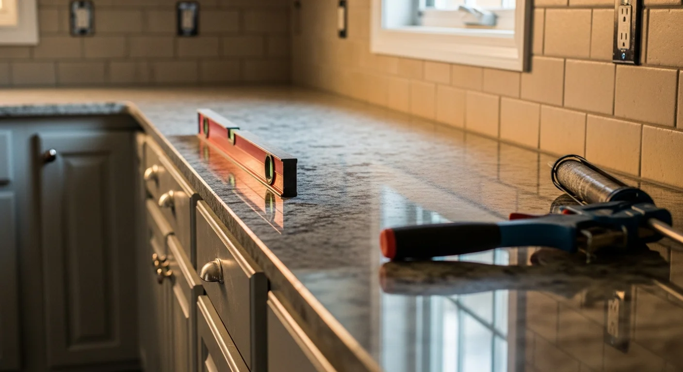 Freshly installed kitchen countertop with clean edge profiles and tight seam work inside a Valdosta, GA home. The surface runs along standard base cabinets with a finished backsplash line visible along the wall.