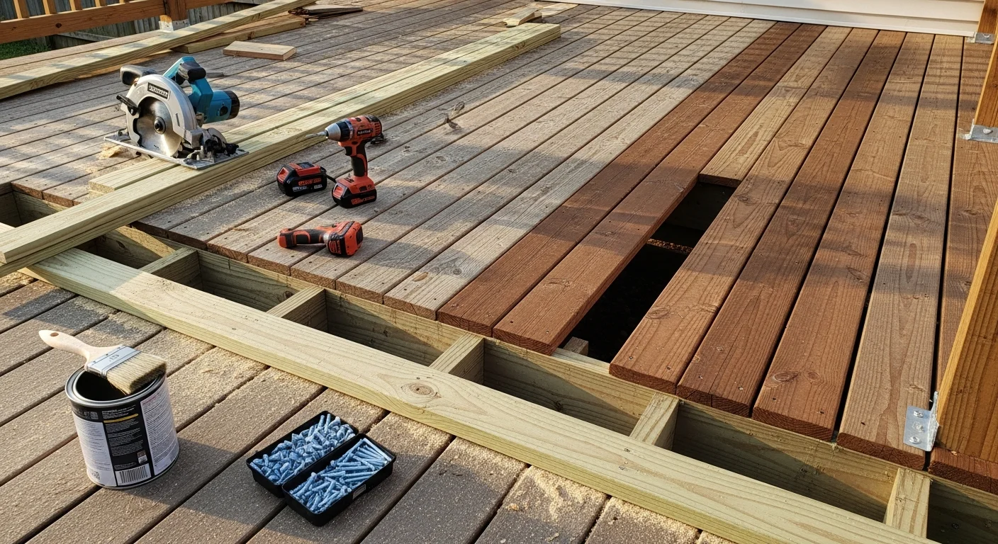 A repaired backyard wood deck on a Valdosta, GA home showing replaced boards, secured railings, and a freshly sealed surface. Close-up view highlights new pressure-treated lumber blended with the existing deck structure.