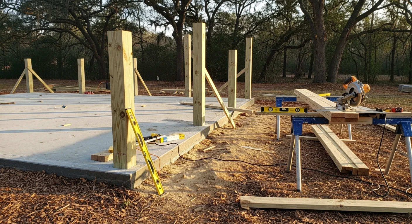 A newly completed deck replacement on a single-family home in Valdosta, GA, showing fresh framing, level decking boards, and a clean railing system. The backyard setting reflects a typical Lowndes County residential property with mature trees and a graded lawn.