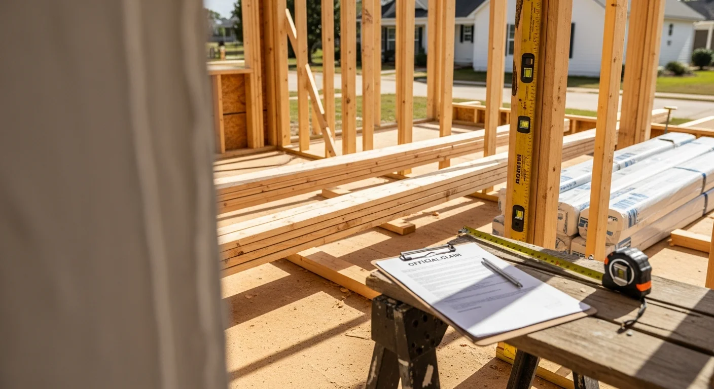 A Valdosta, GA home mid-rebuild after storm damage, showing new framing and repaired roof structure under clear South Georgia skies. A general contractor reviews work against a clipboard on the job site.