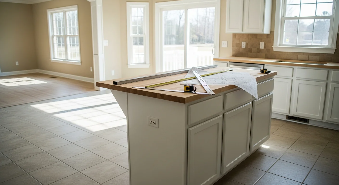 A newly installed custom kitchen island with a stone countertop and lower cabinet storage in a Valdosta, GA home. The island is centered in an open-concept kitchen with clear walkway space on all sides.