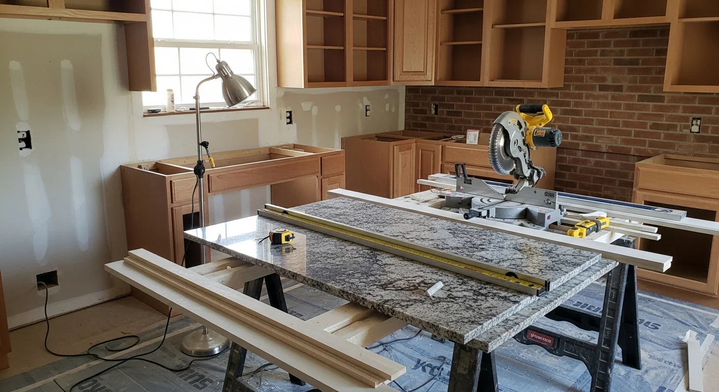 Remodeled kitchen interior in a single-family home in Valdosta, GA, showing updated cabinetry, new countertops, and refreshed lighting. Work completed by All Seasonz Pro LLC as part of a full kitchen remodeling project.