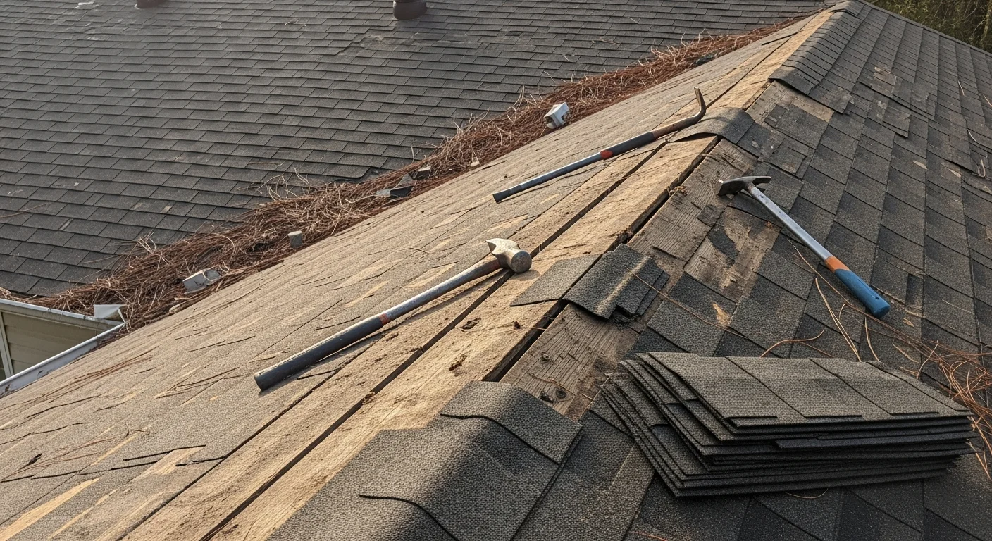 A roofing contractor from All Seasonz Pro LLC inspecting storm-damaged shingles on a residential roof in Valdosta, GA. Close-up view shows lifted shingles and exposed roof deck following a South Georgia thunderstorm.