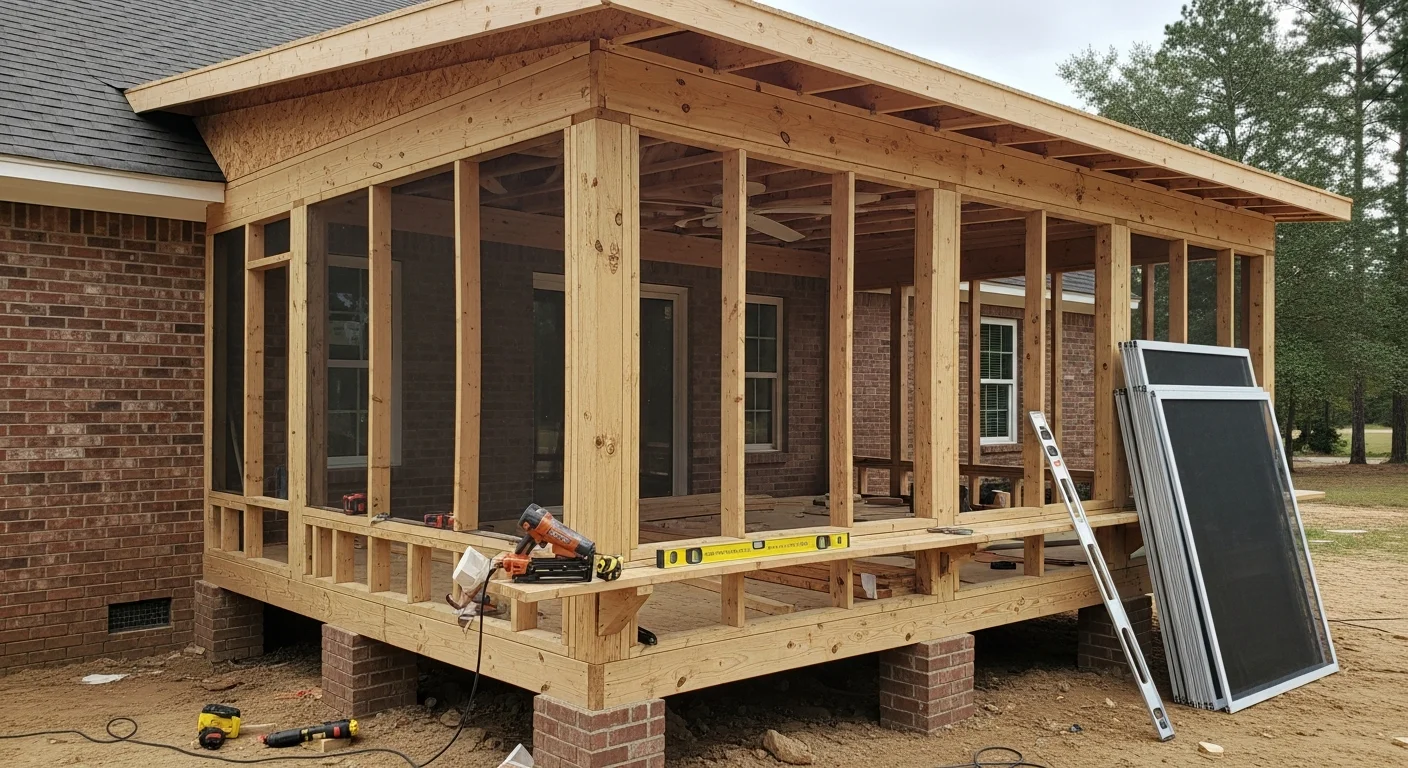 A newly built screened porch attached to a single-family home in Valdosta, GA, featuring a wood-framed structure with full perimeter screening and a covered roof. The porch overlooks a backyard lawn and is photographed in natural daylight.